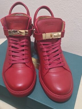 Buscemi Red Leather High-Top Sneakers with Gold Hardware
